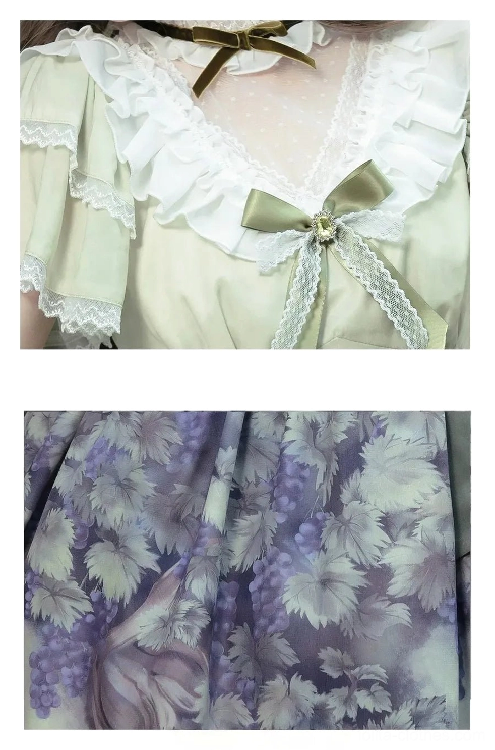 Close-up flat front view of lolita dress neckline and sleeves detail, featuring sheer V-neck with lace ruffles, green bow with lace trim, ruffled lace sleeves and polka-dot tulle overlay