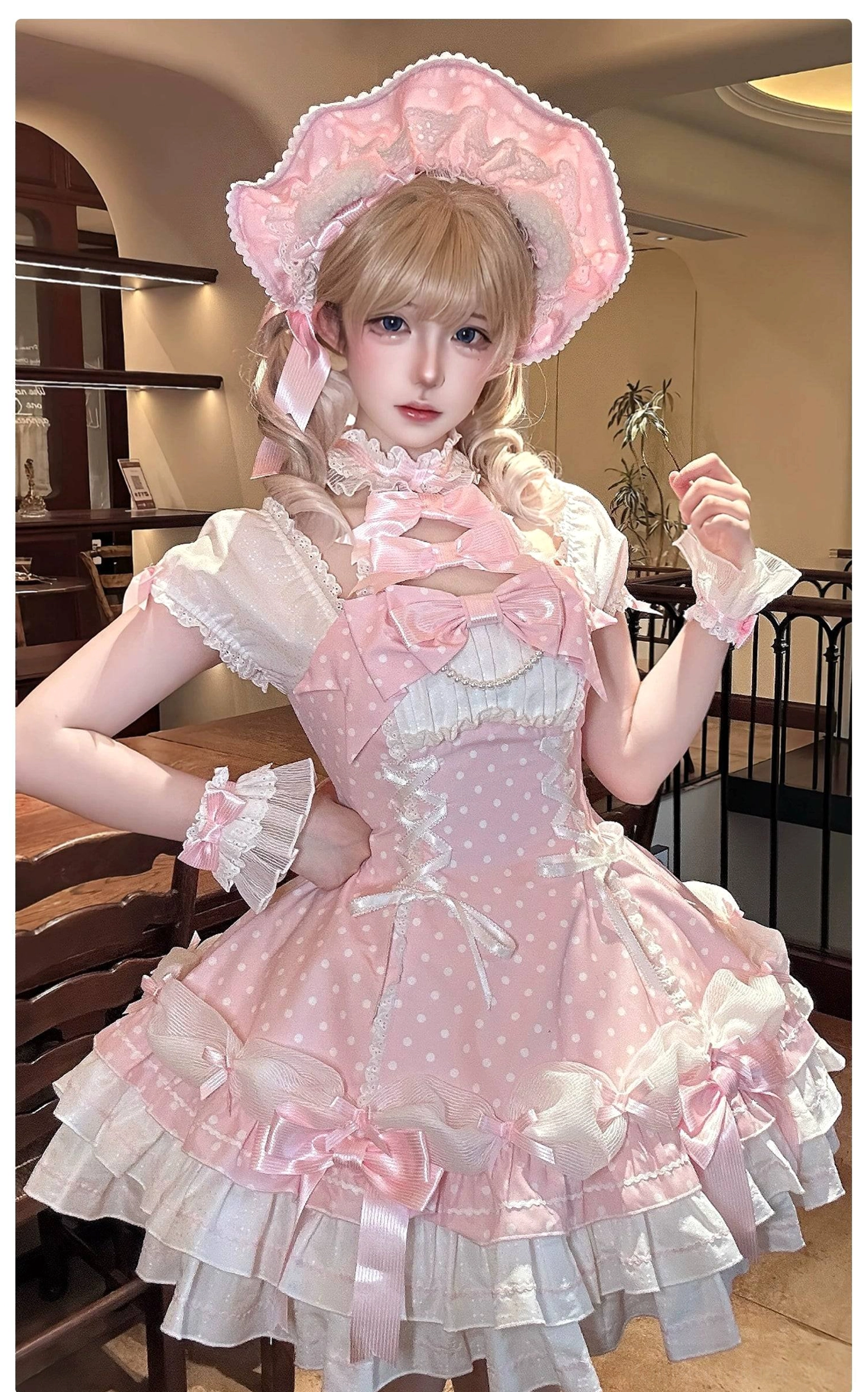 Polka dot Lolita halter dress pearl chain chest accent detail showing delicate vintage-inspired jewelry embellishment