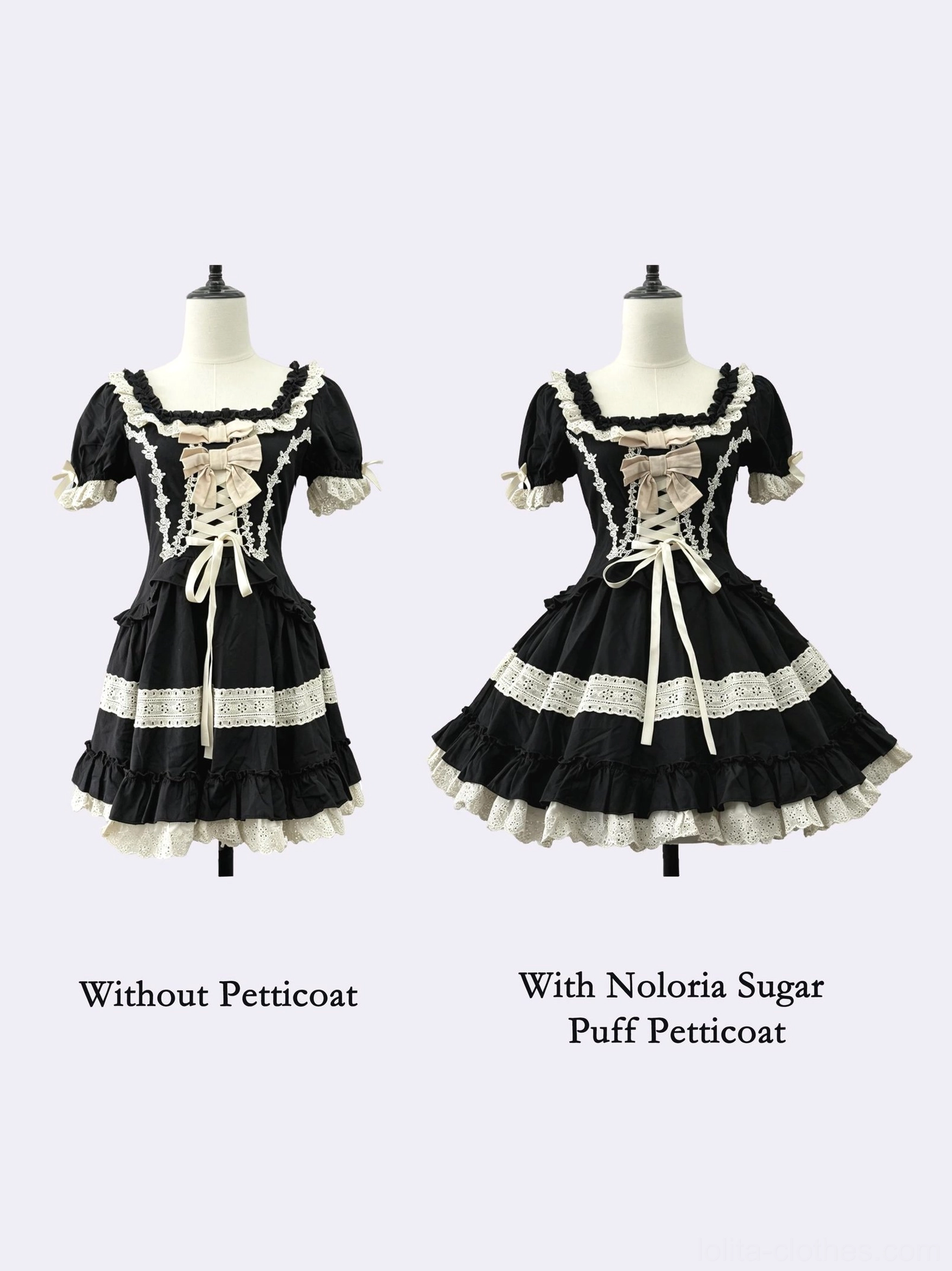 Petticoat effect comparison flat front display with two dress forms wearing matching black lolita dresses left without petticoat right with sugar puff petticoat showing volume transformation