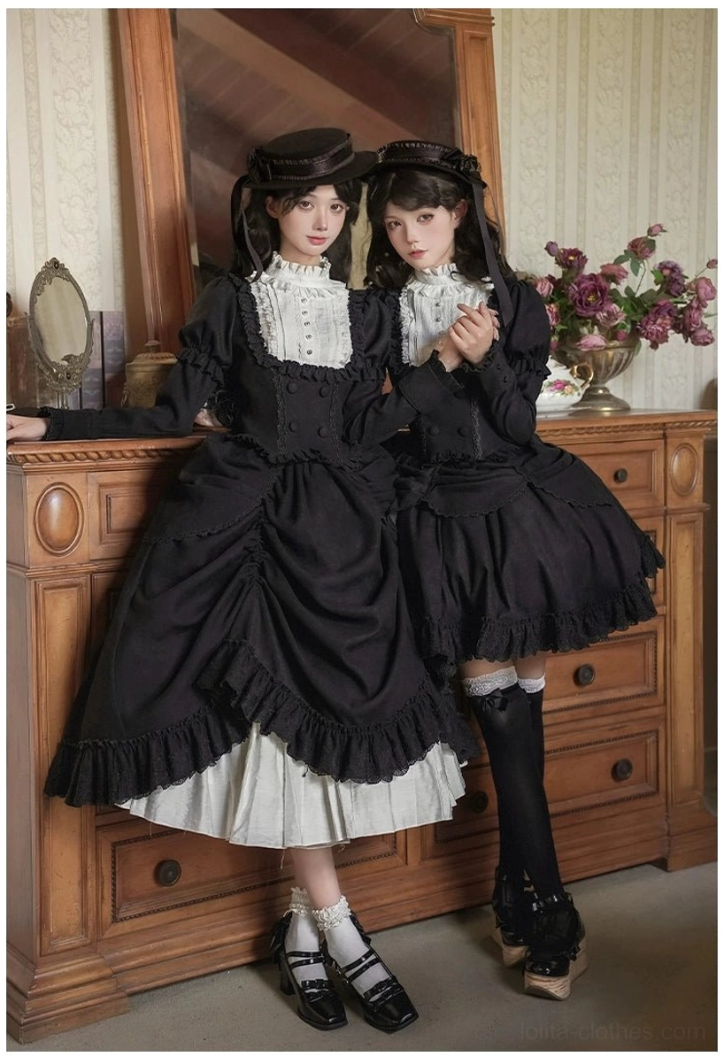 Three-quarter front side view of two female models by wooden vanity dresser wearing lolita ensemble with high-low ruffled skirt design, white underlayer, elegant neckline trim, decorative boater hats and matching hair bows