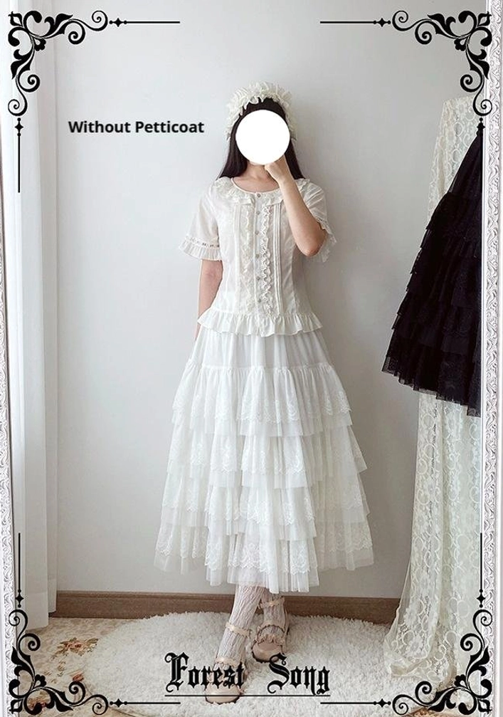 Lolita dress silhouette comparison without petticoat showing slim skirt drape on model in full vintage lolita coordinate to demonstrate volume transformation