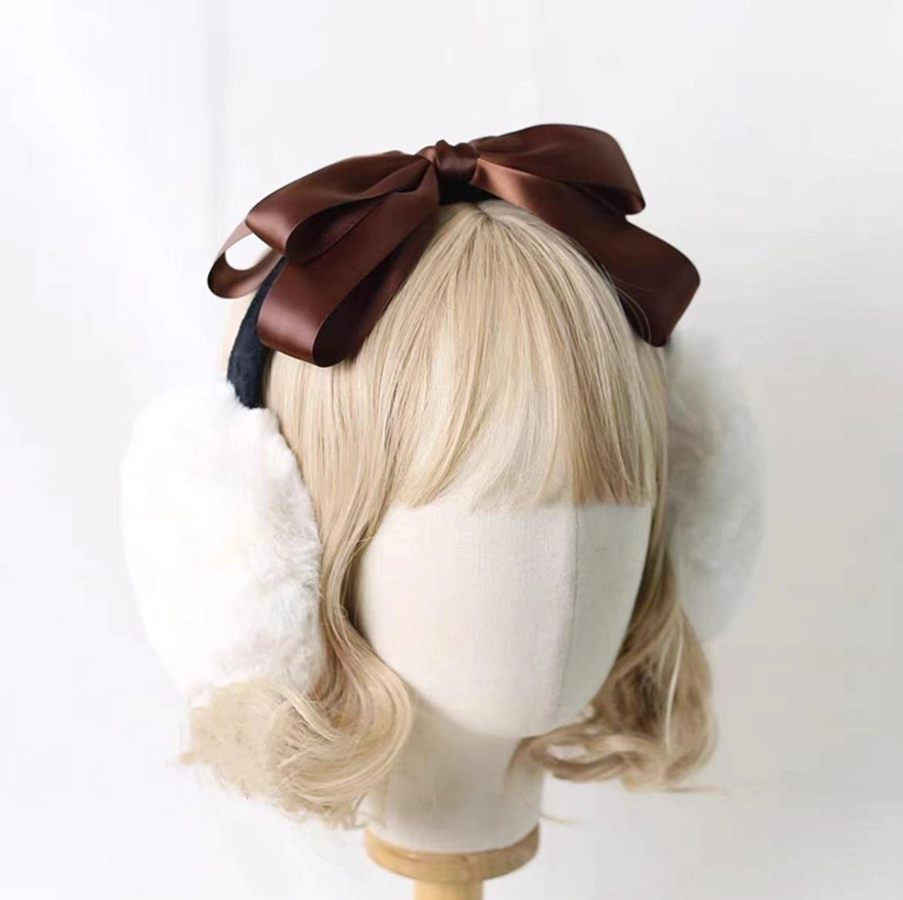 Lolita coffee color bow earmuff headdress, sophisticated earthy satin bow with white plush earmuff cups, elegant mature lolita accessory