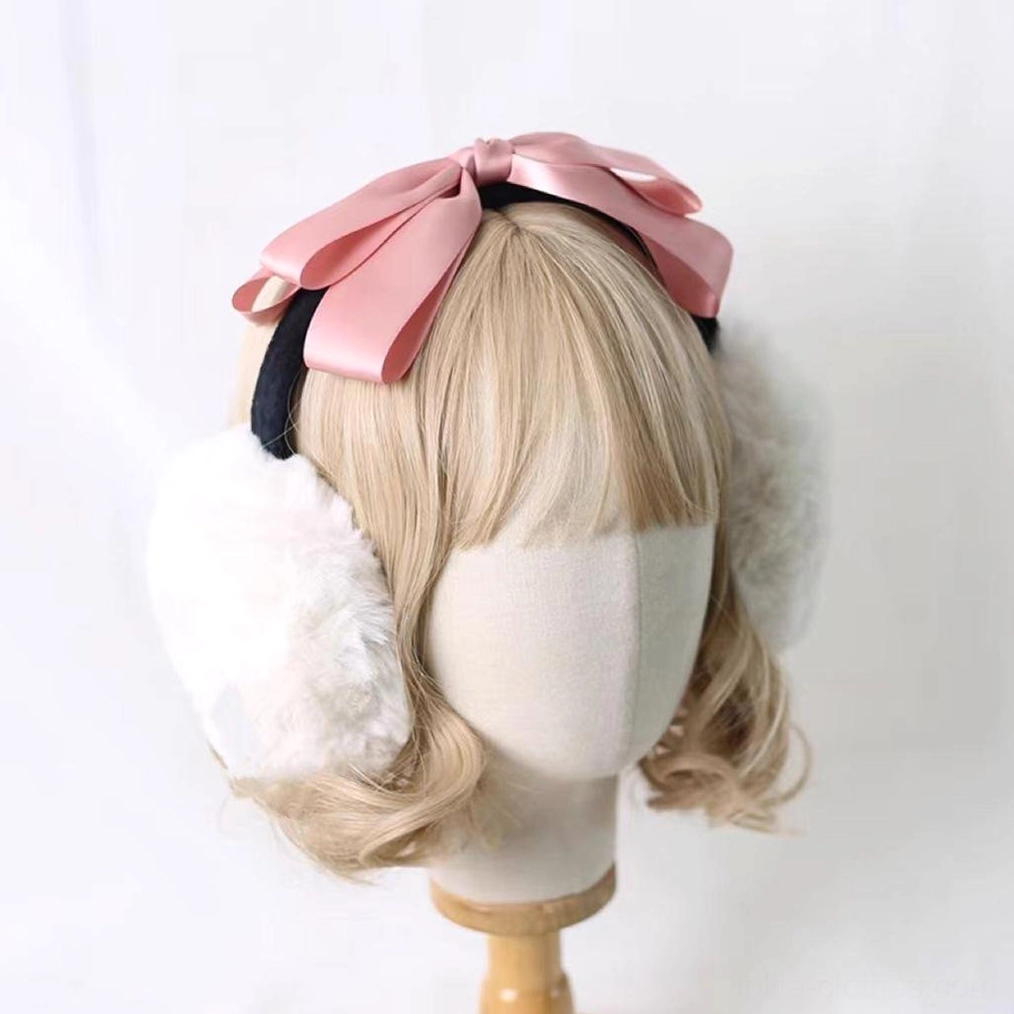 Lolita korean pink bow earmuff headdress, modern trendy pink satin bow design with white plush earmuff cups, contemporary lolita fashion