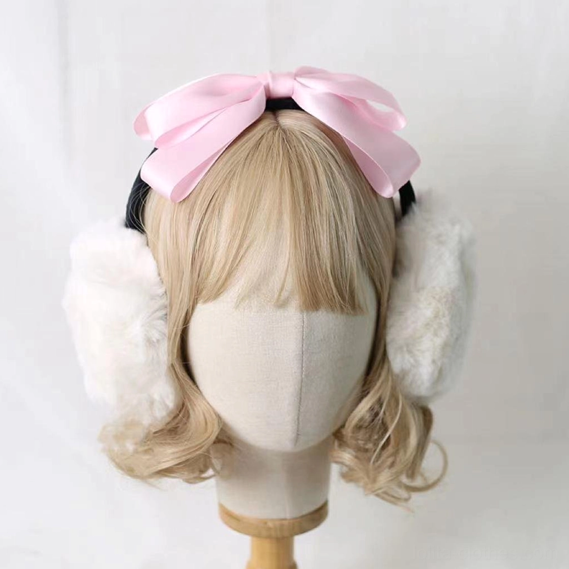 Lolita light pink bow earmuff headdress, sweet lolita style plush earmuff design, perfect for light coordinate styling and victorian fashion