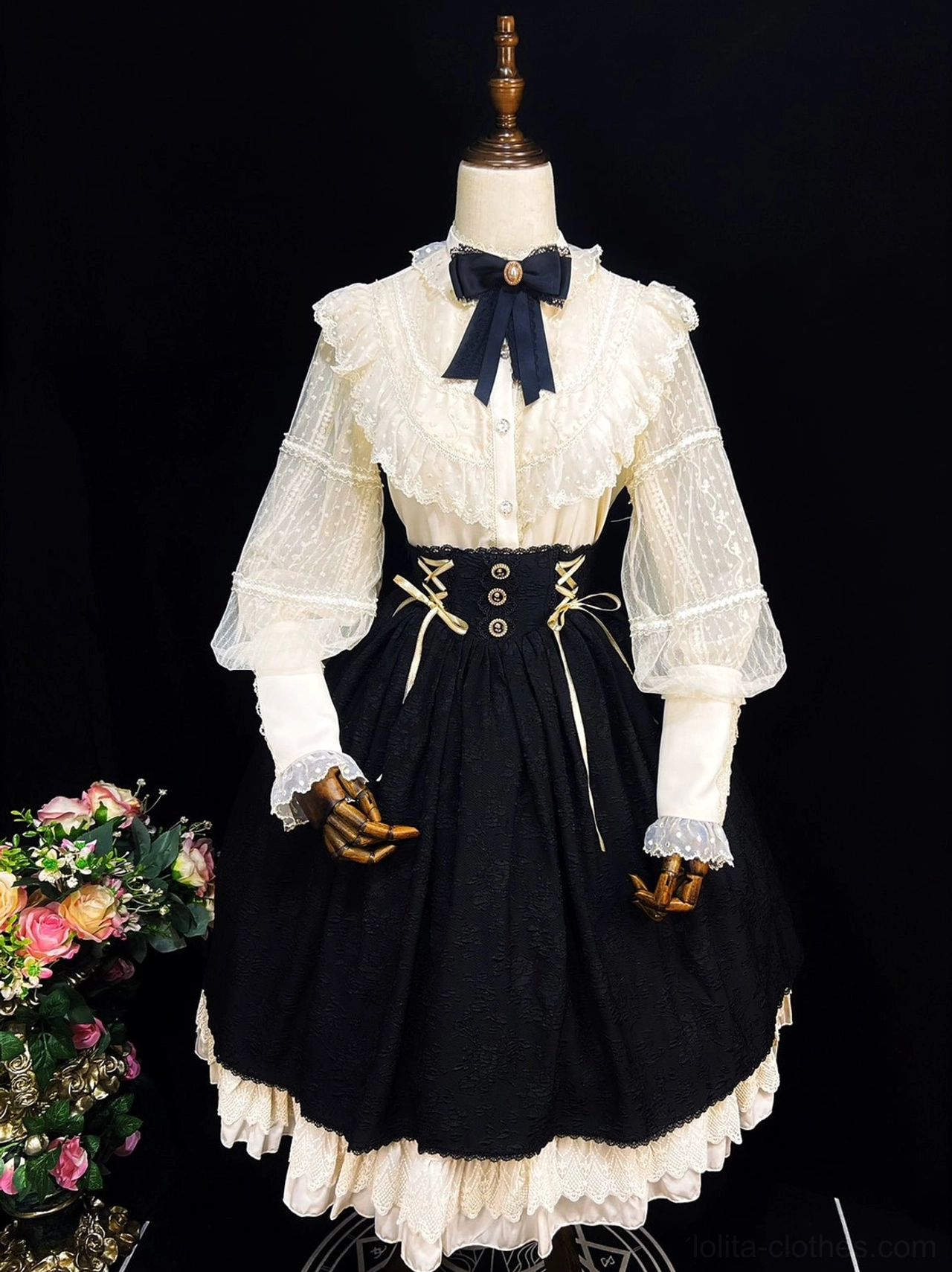 Lolita ensemble bustier waist corset construction detail golden lace-up strings adjustable fit flattering silhouette Victorian inspired