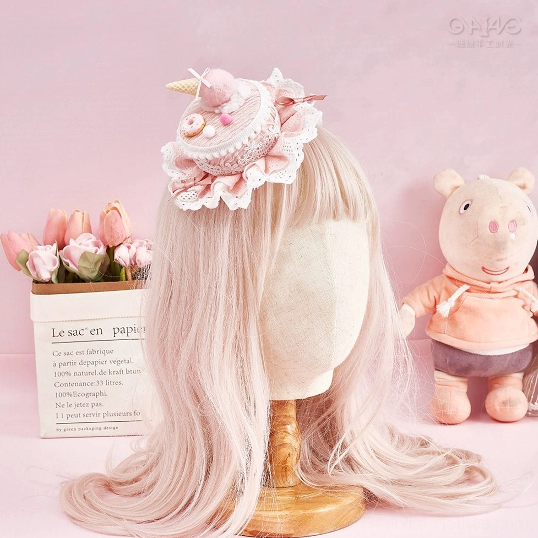 Lolita fashion cake-shaped hair clip with whimsical dessert ornament decorations and delicate lace trim construction