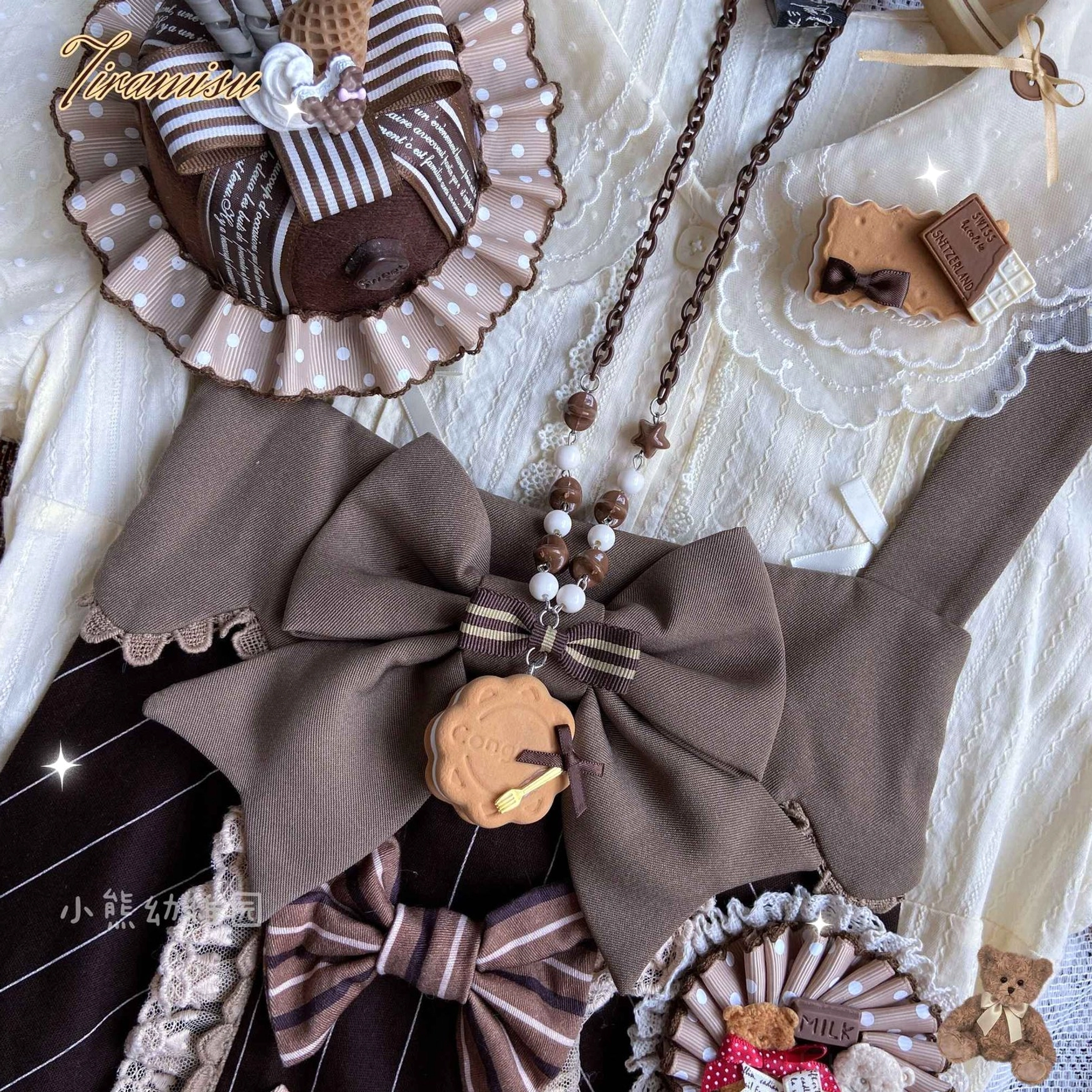 Lolita fashion cookie charm necklace with bow embellishment and mixed beaded chain featuring teddy bear inspired aesthetic and whimsical food-themed charm details