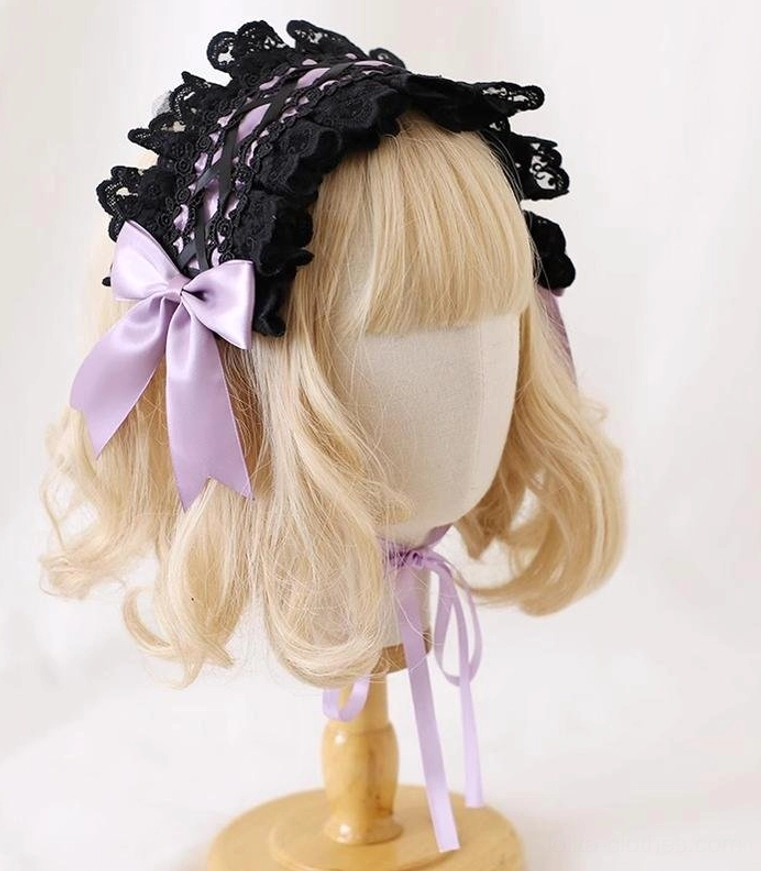 Sophisticated Lolita fashion headdress with timeless black lace ruffled edge, small satin bow accent, and neck strap for secure wear