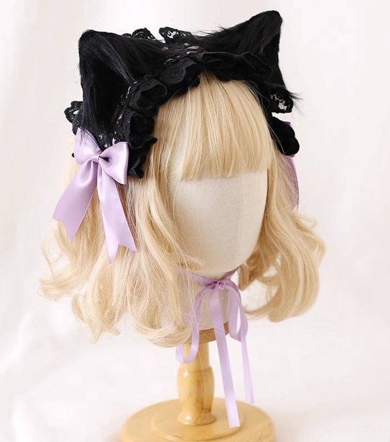 Lolita fashion headdress featuring faux fur cat ears and light purple coordinating bows, black lace ruffled edge, Victorian-inspired design