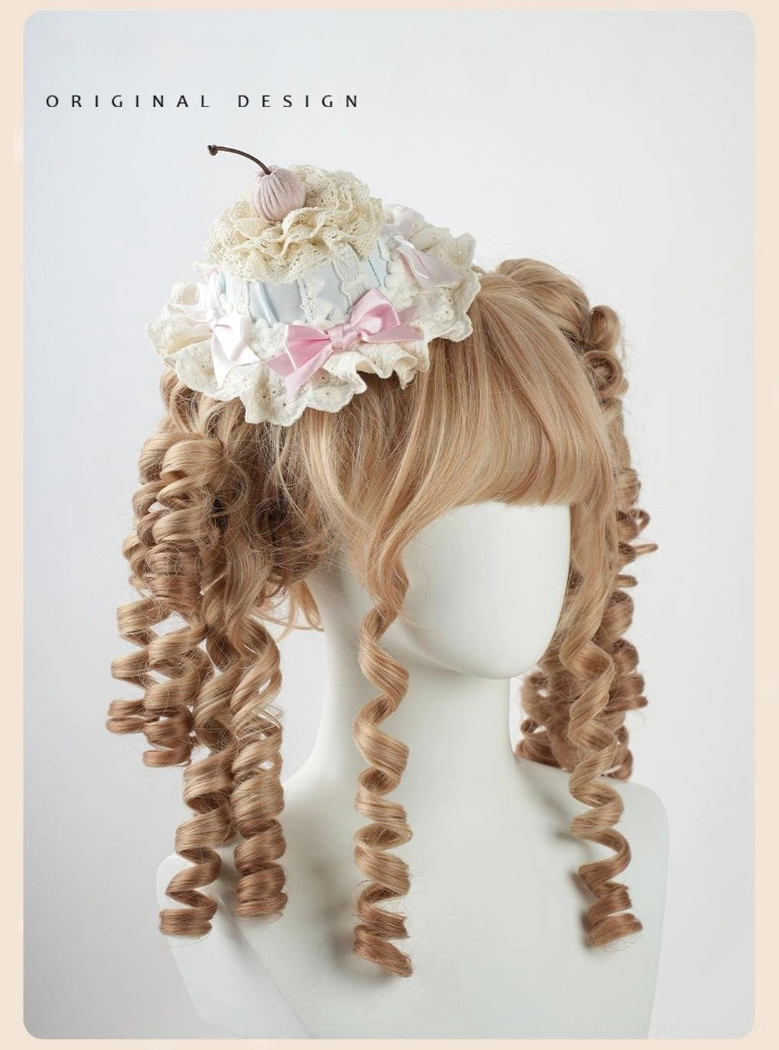 Lolita fashion headdress collection with Victorian-inspired ruffled lace, pastel satin ribbon details, cake and cookie toppers, suitable for sweet aesthetic coordination