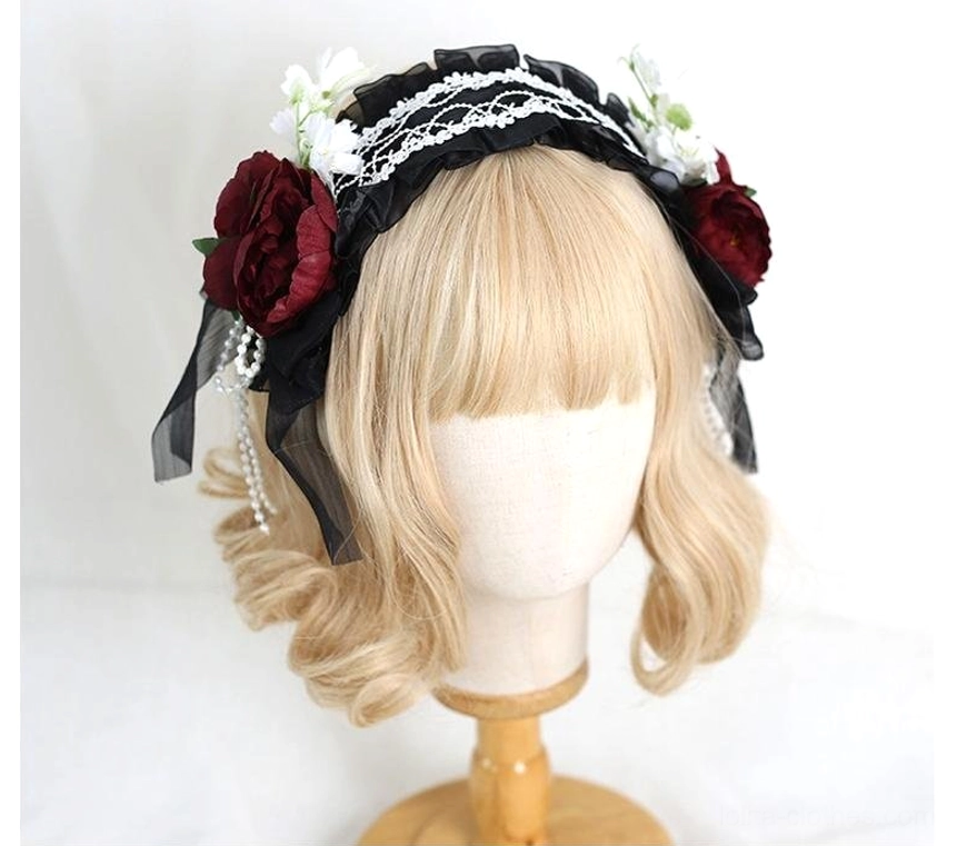 Elegant lolita floral lace headband styling guide showing coordination with classic lolita dress ensemble