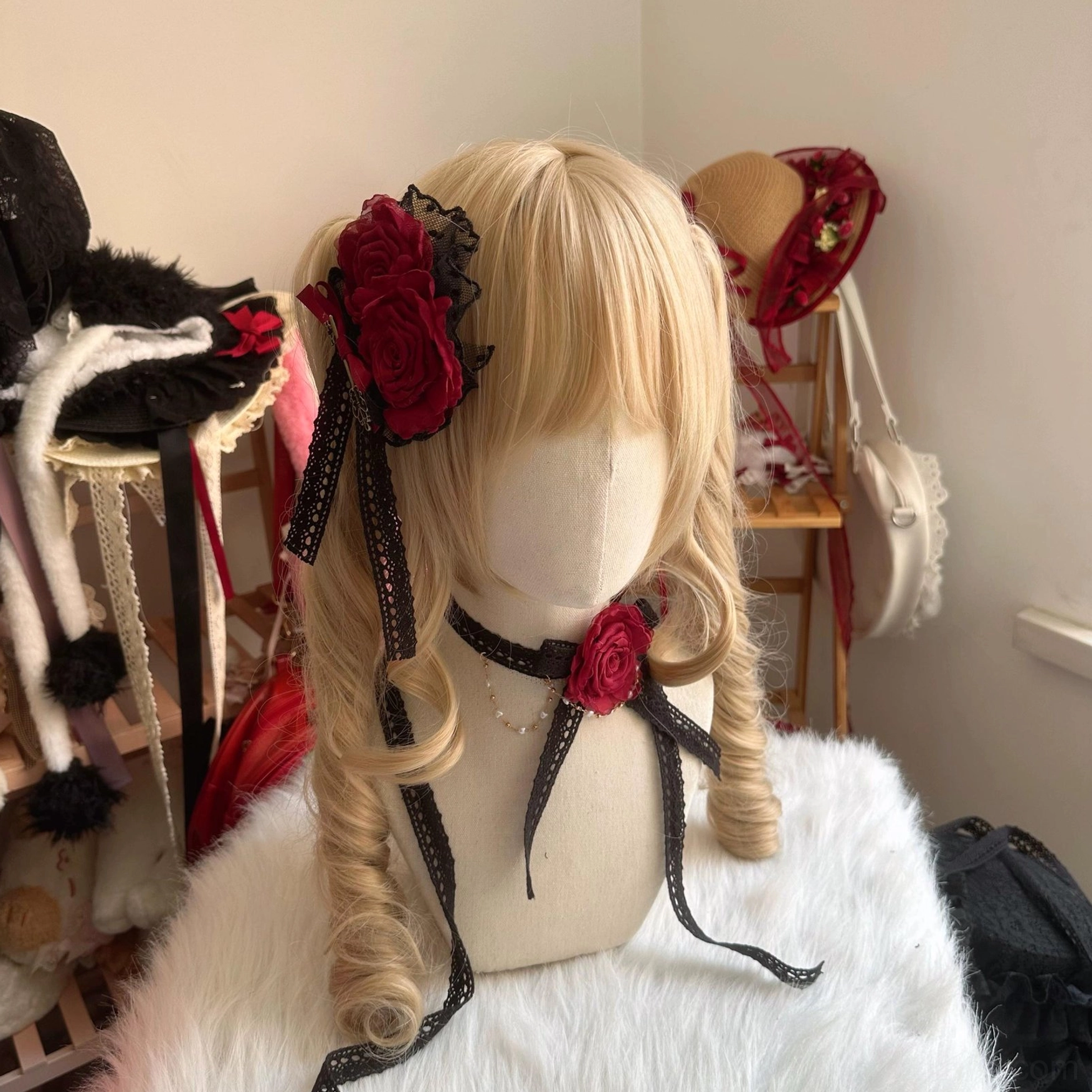 Handmade Lolita flower headdress components including rose clips, tulle details, lace ribbon, and bow accents for full headdress assembly