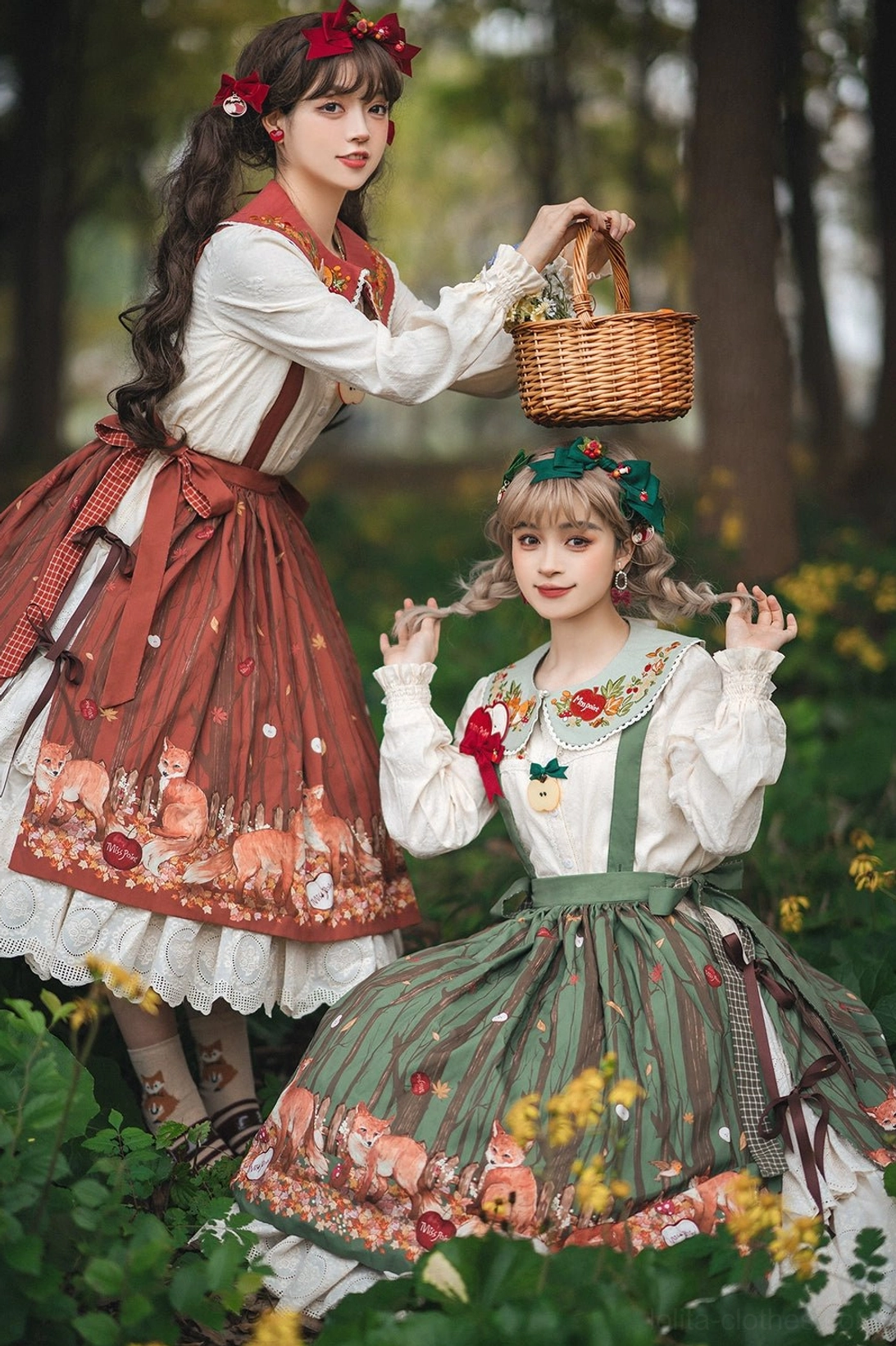 Lolita forest fox collection scarf and collar styling ideas flat lay arranged with woodland themed props vintage aesthetic arrangement