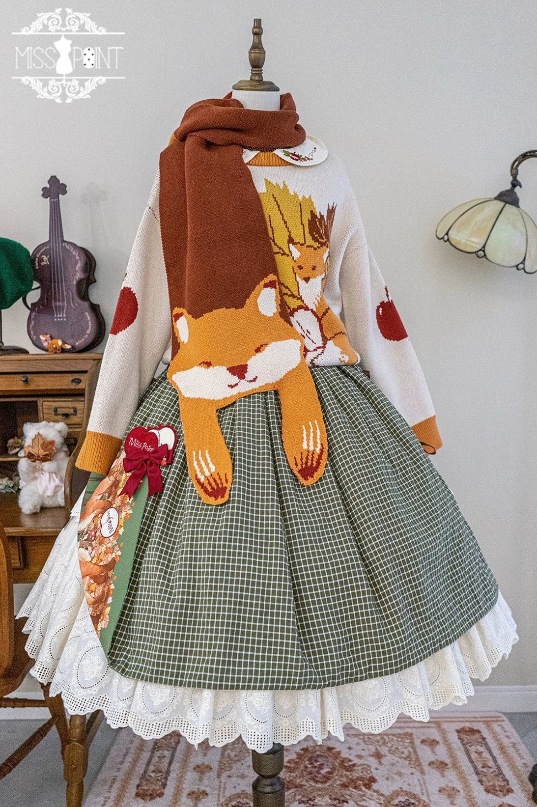 Lolita fox scarf full product shot showing 200cm length 26cm width fox design apple pattern woodland forest aesthetic complete view