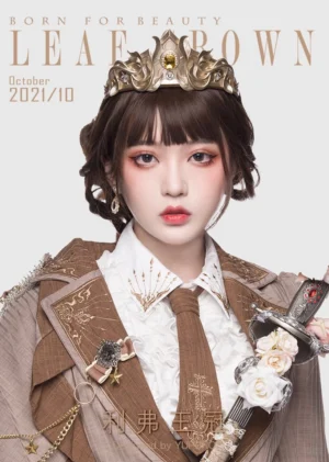 Lolita fashion girl wearing leaf crown with royal suit holding decorated scepter with white roses, magazine cover styling, lolita accessories coordination