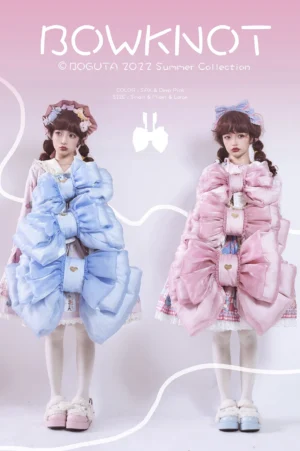 Two lolita girls wearing sweet lolita outfits with oversized puffy satin bow decorations and matching coordinates blue and pink