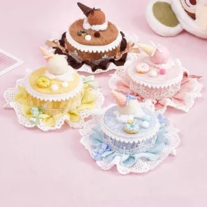 Lolita hair accessory cake clip collection showing all color options with ice cream and fuzzy pom-pom decorations top view