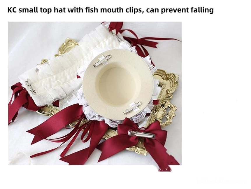 Complete lolita hair accessory set flat lay overhead display on golden vintage tray background including lace headband small top hat multiple wine-red bow clips fish mouth clips anti-slip features