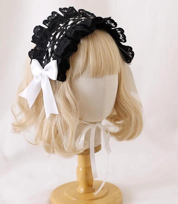 Premium Lolita hair accessory showcasing dark blue satin bows paired with black lace ruffled trim and detachable faux fur cat ears