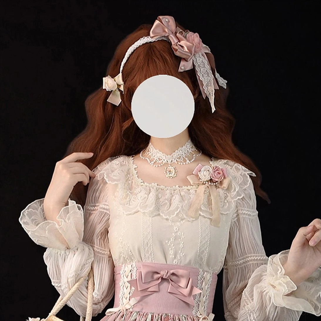 lolita hair accessory set with satin pink bow pastel rose decor lace ribbon headband and hair clips