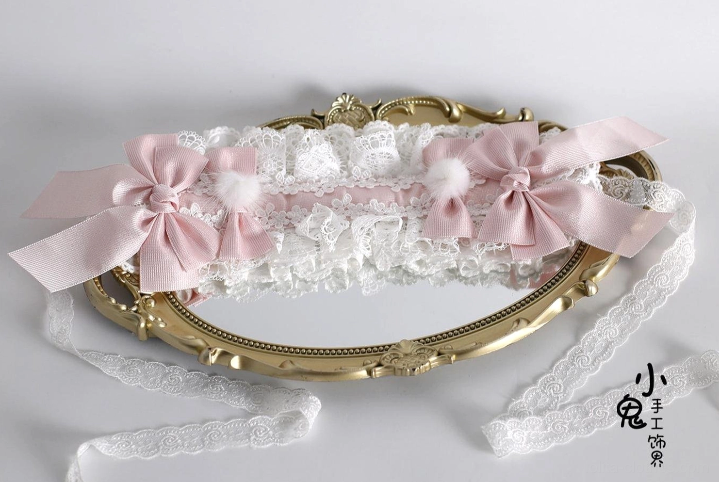Lolita hairband with fixed clip attachment, white lace and pink satin design, measuring 13.4 inches (34cm), comfortable elastic fit for secure wearing