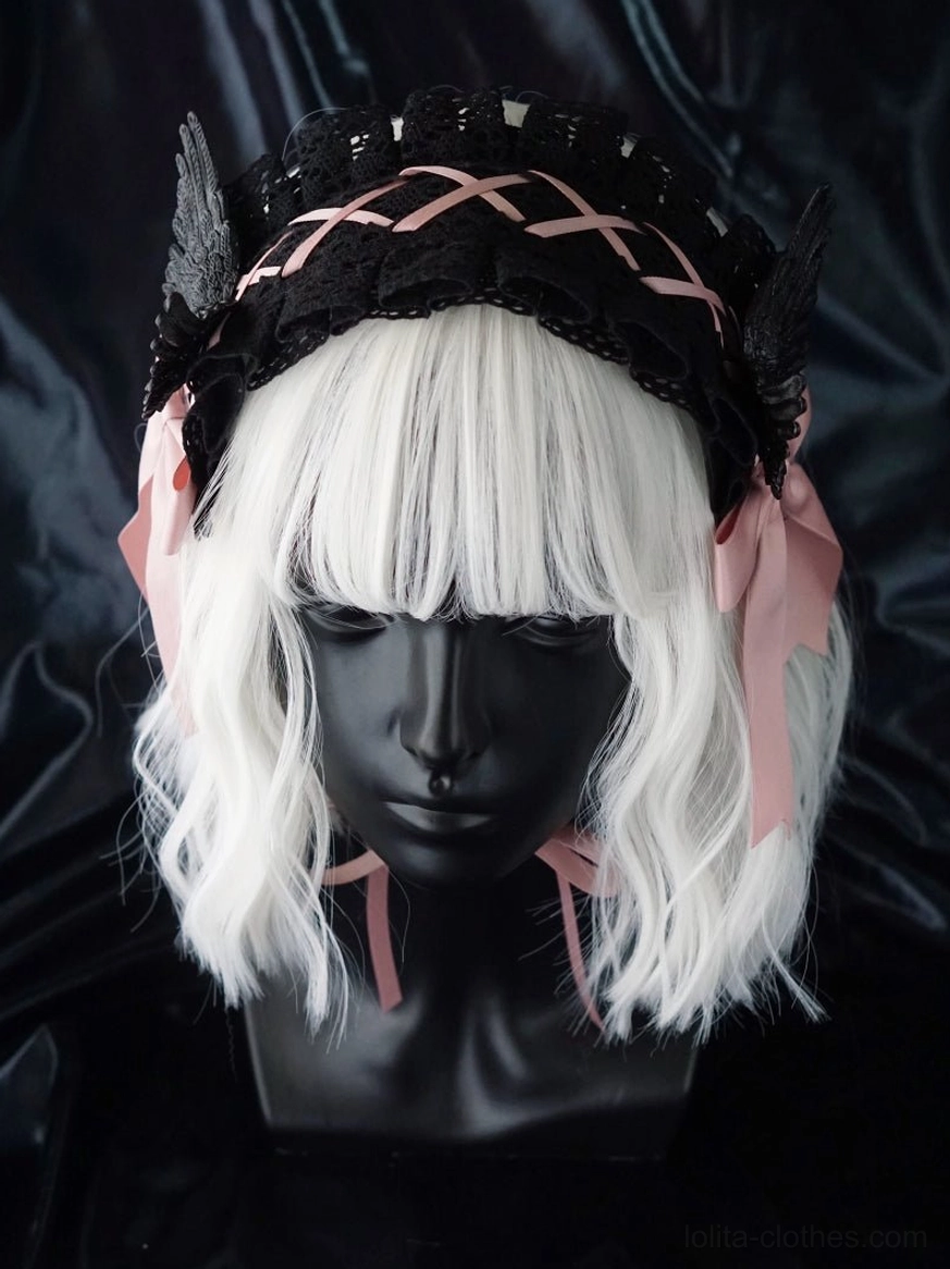 Gothic lolita hair accessory styling guide showing how to wear crossover straps with different hairstyles and lolita coordinates