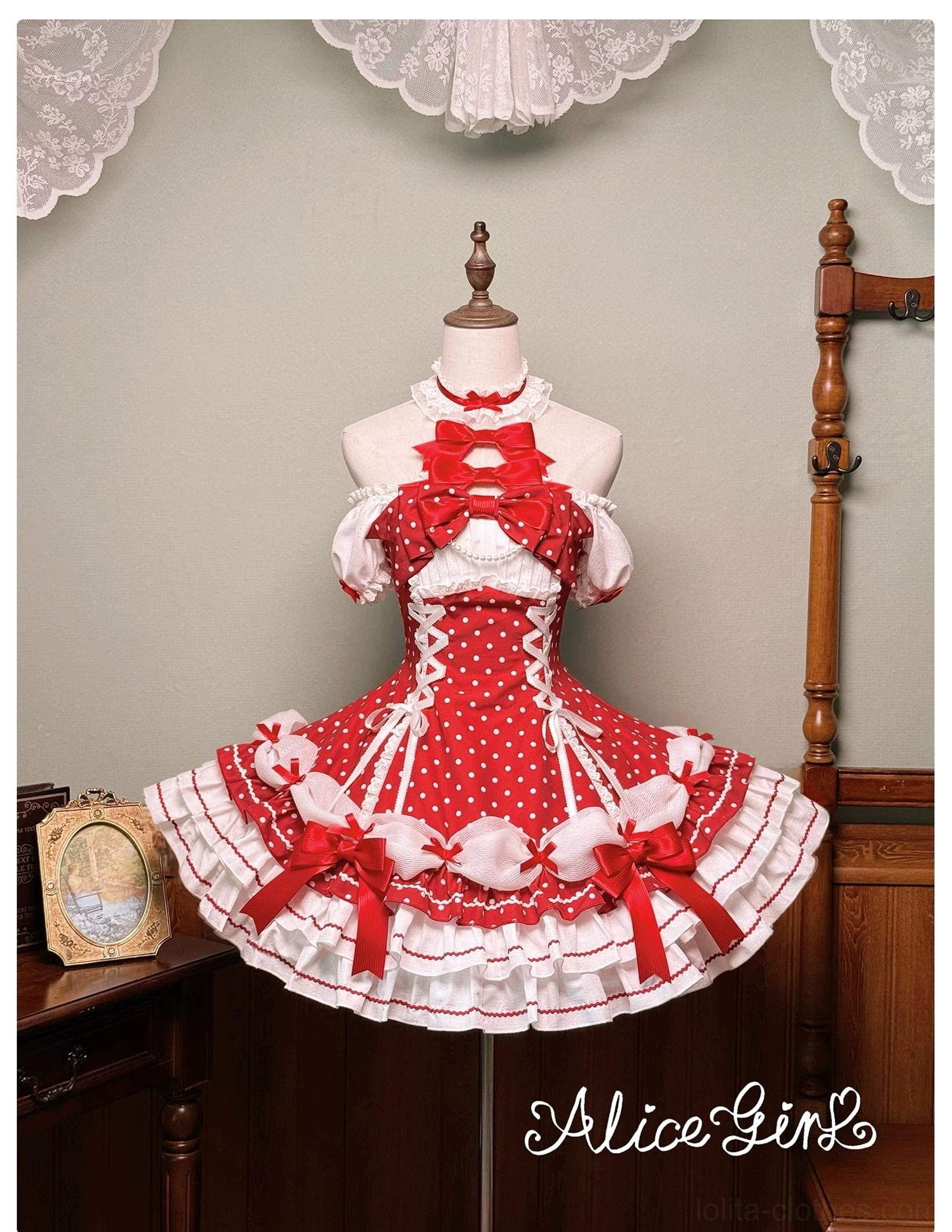 Polka dot Lolita halter dress removable bow feature showing how to detach and reattach neck bow