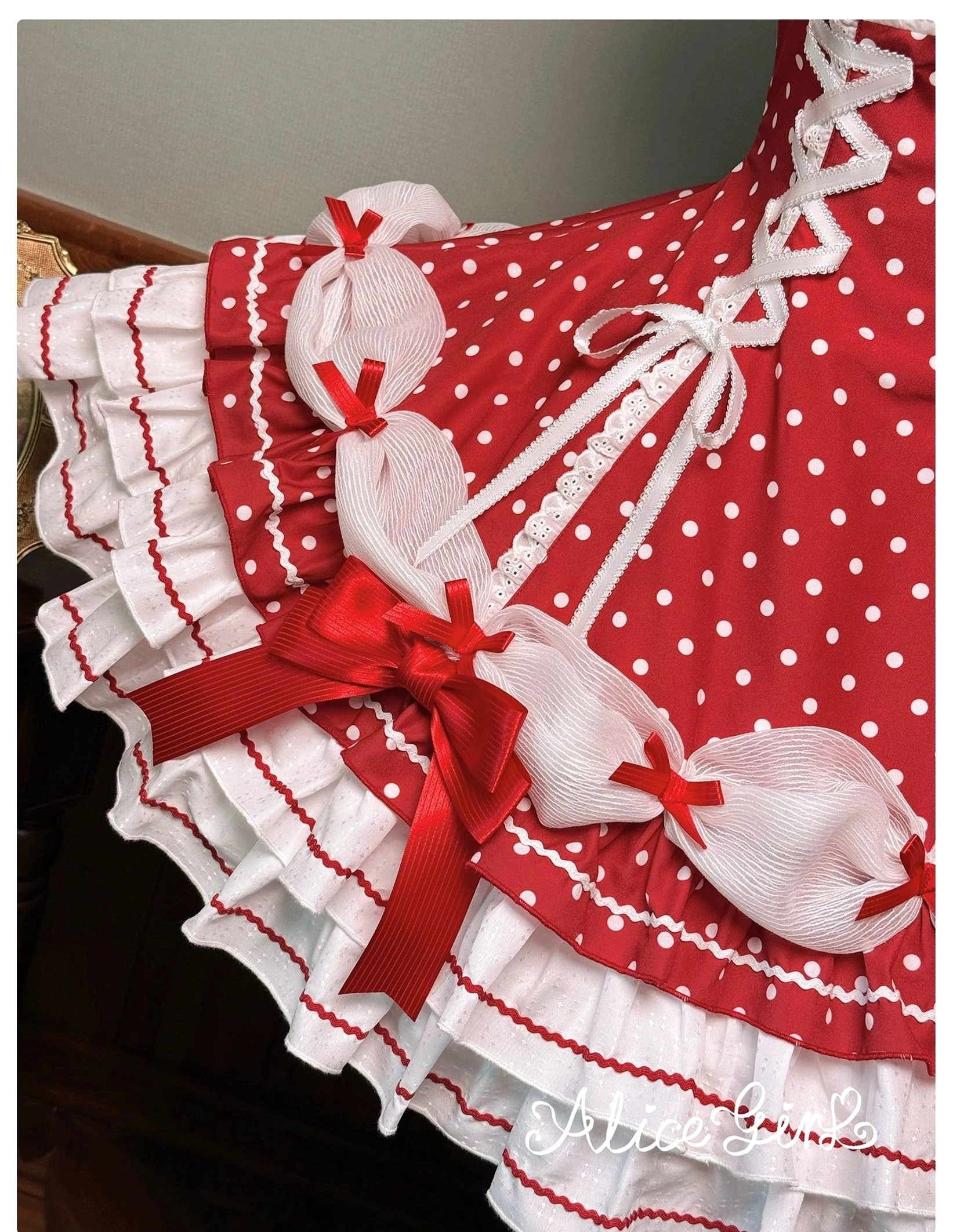 Polka dot Lolita halter dress styling with both bows attached showing complete decorated look
