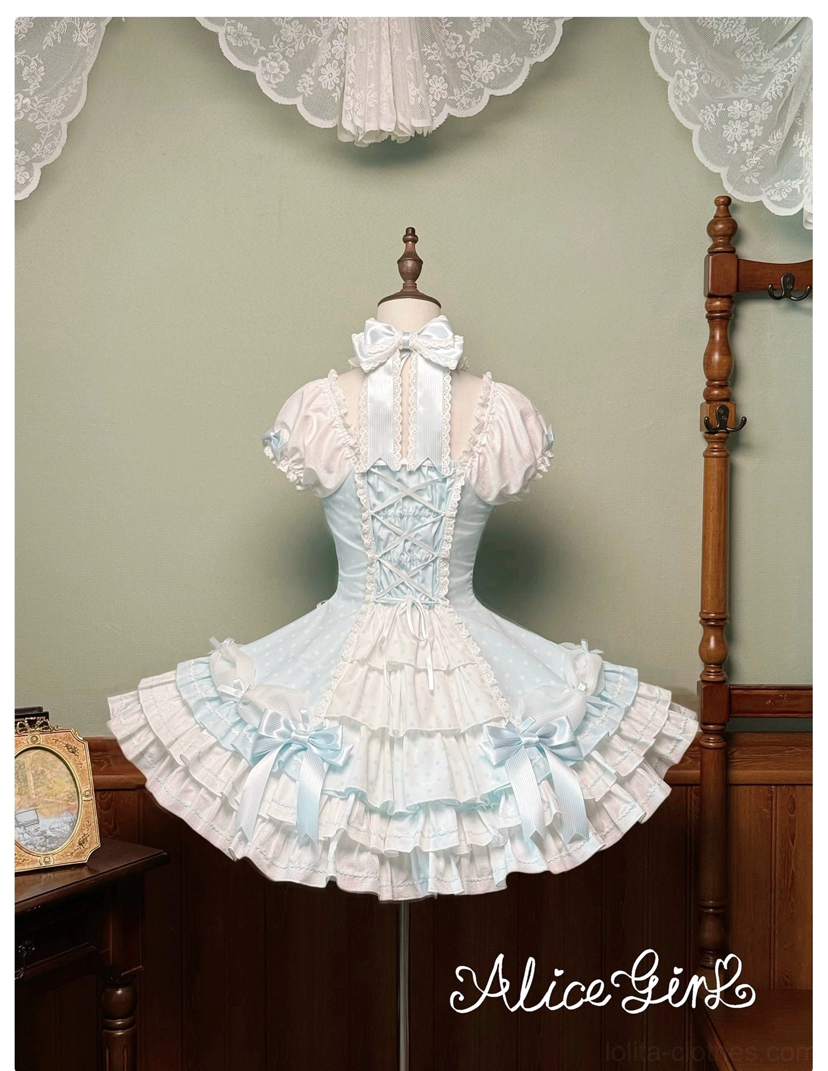 Lolita halter polka dot dress with wrist cuffs accessory showing detailed coordinate and accessories styling
