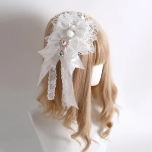 Lolita decorative side hair bow clip with lace-edged satin bow, rhinestone ornament and long lace ribbon tails, side angle display