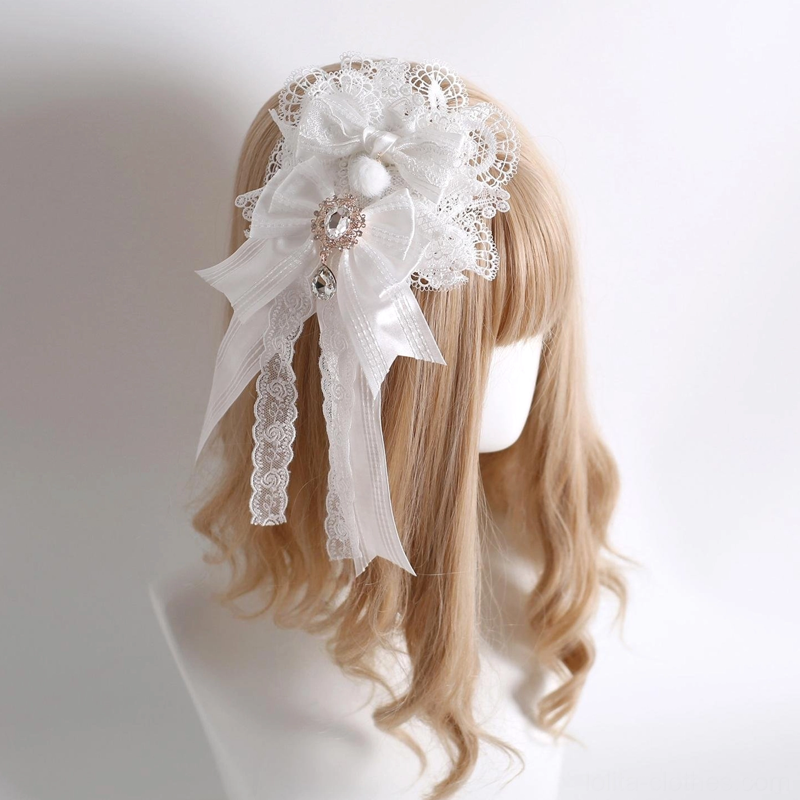 Lolita decorative side hair bow clip with lace-edged satin bow, rhinestone ornament and long lace ribbon tails, side angle display