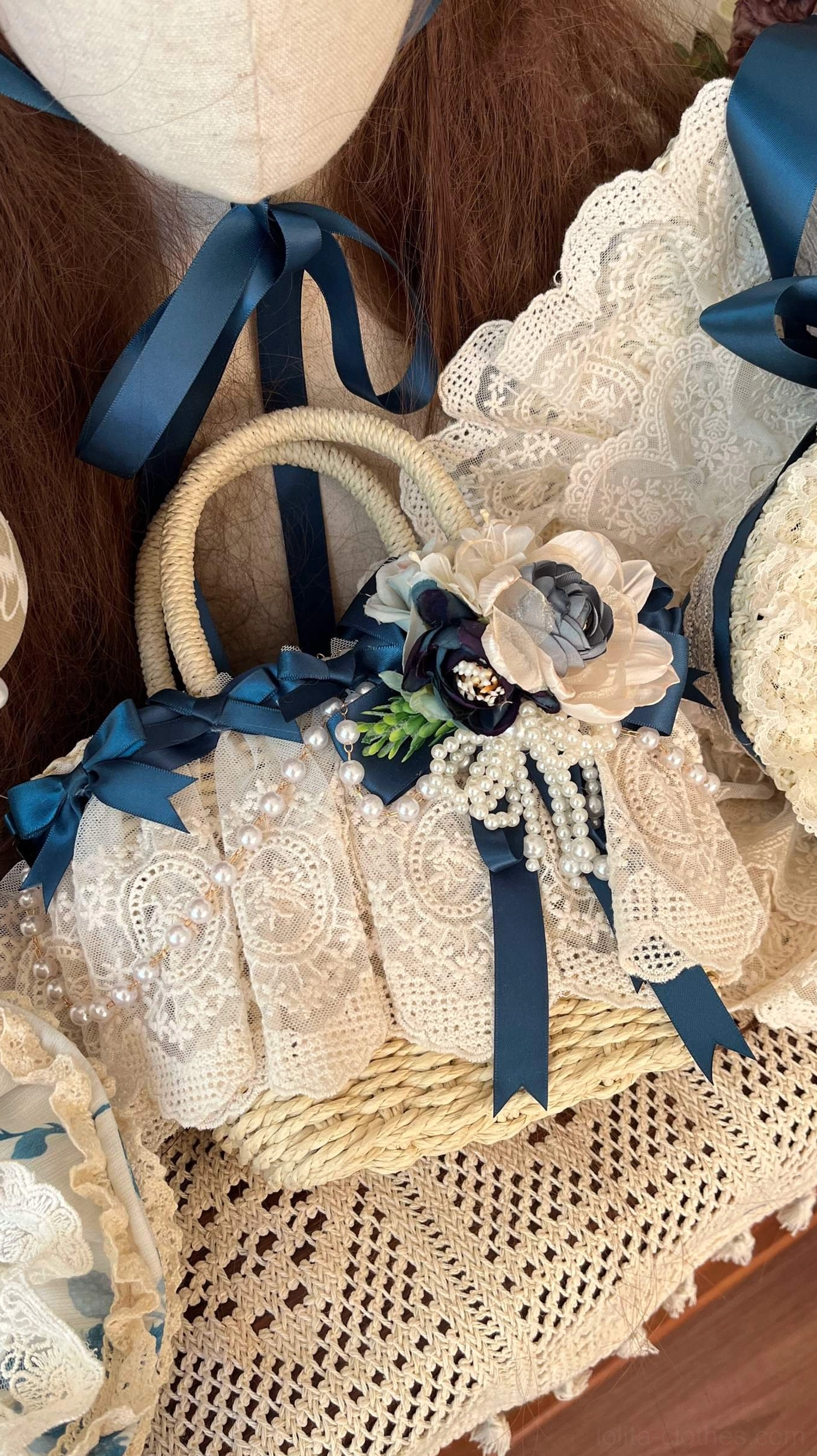 Lolita handbag accessory with printed fabric panel lace trim detailing and coordinated satin ribbon for country lolita outfit coordination