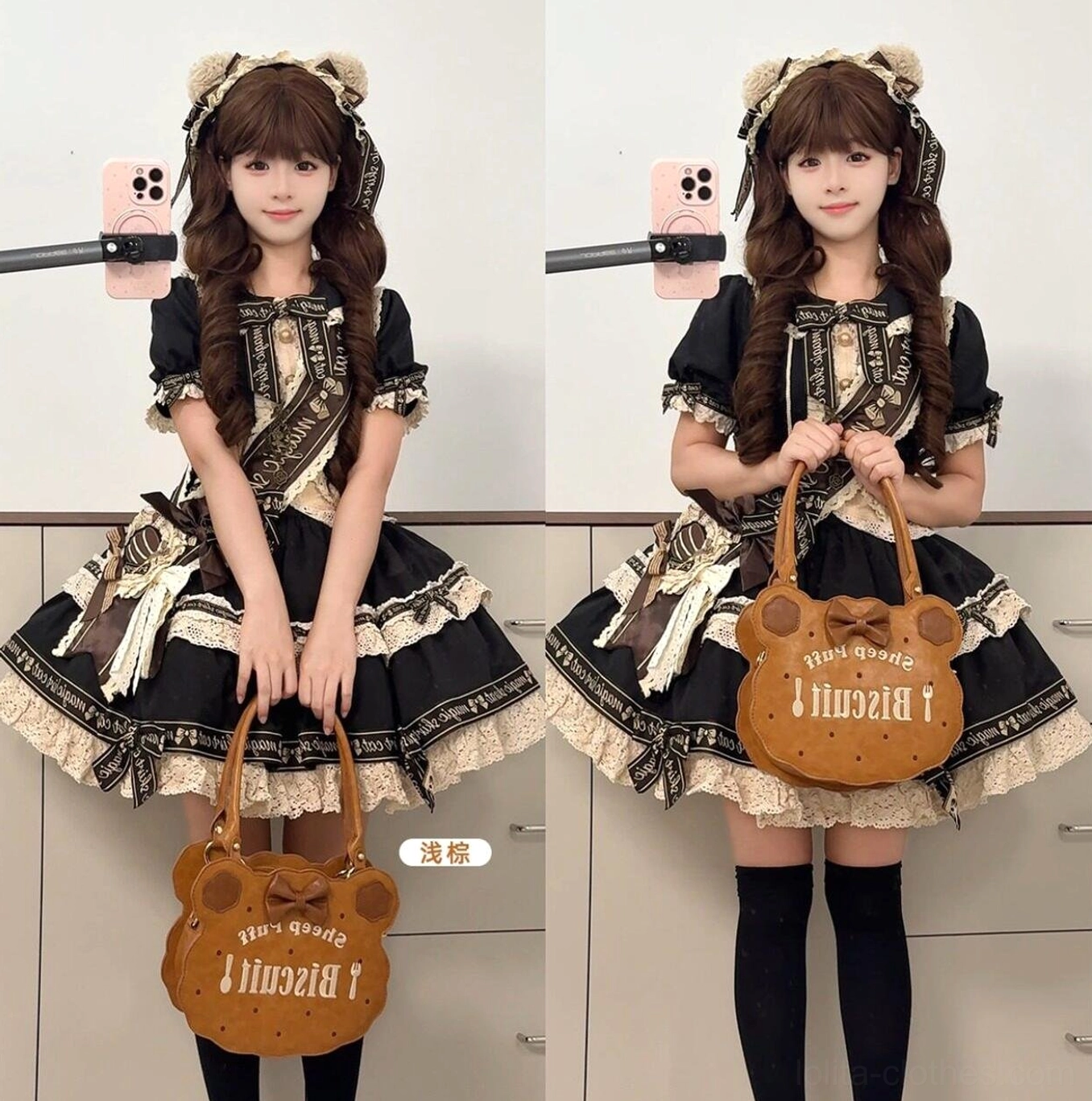 Detachable shoulder strap and carrying modes for embroidered lolita handbag showing handheld shoulder and crossbody options