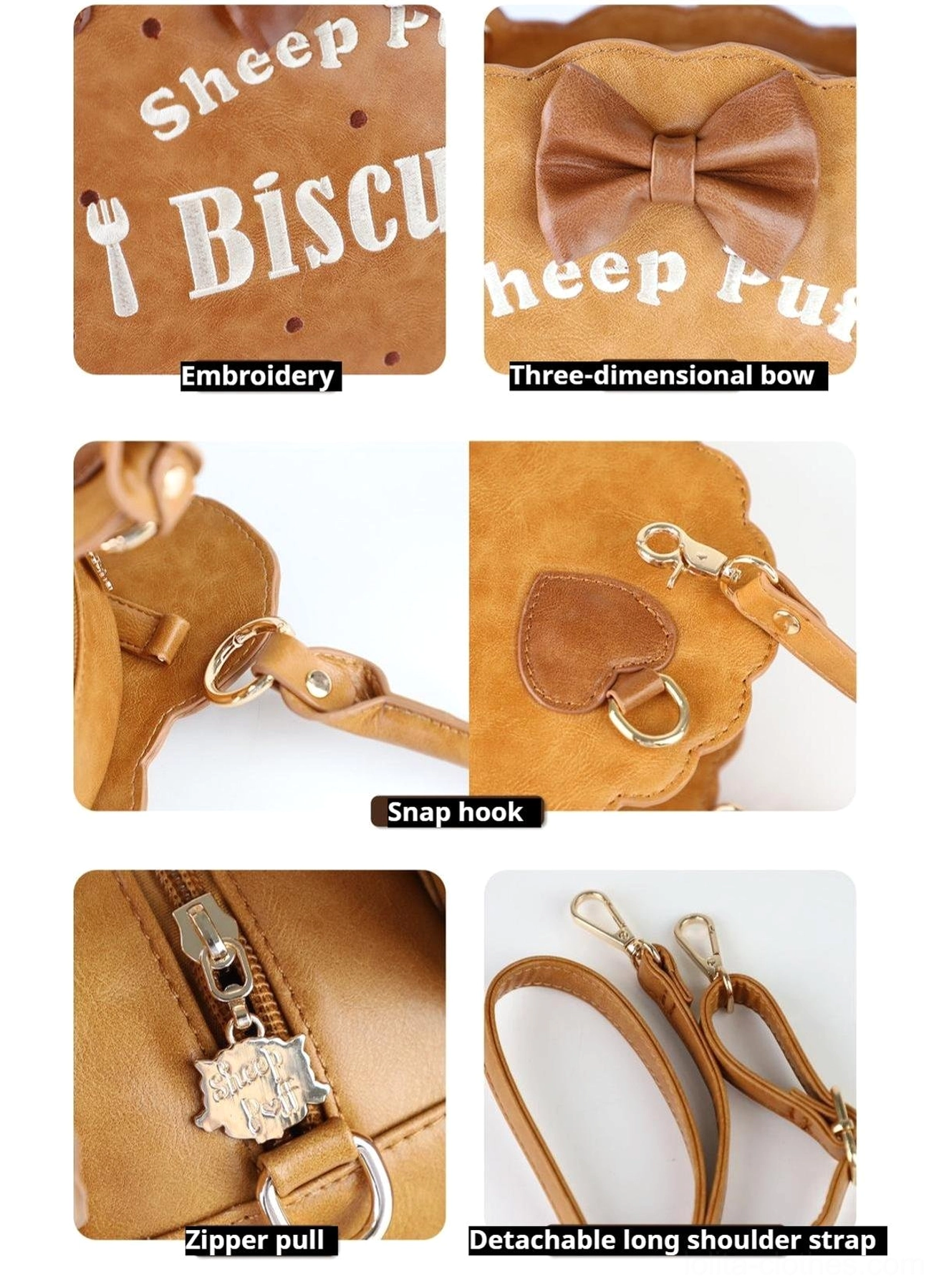 Close-up detail shots of lolita handbag embroidery craft three-dimensional bow decoration snap hook hardware zipper pull and detachable shoulder strap