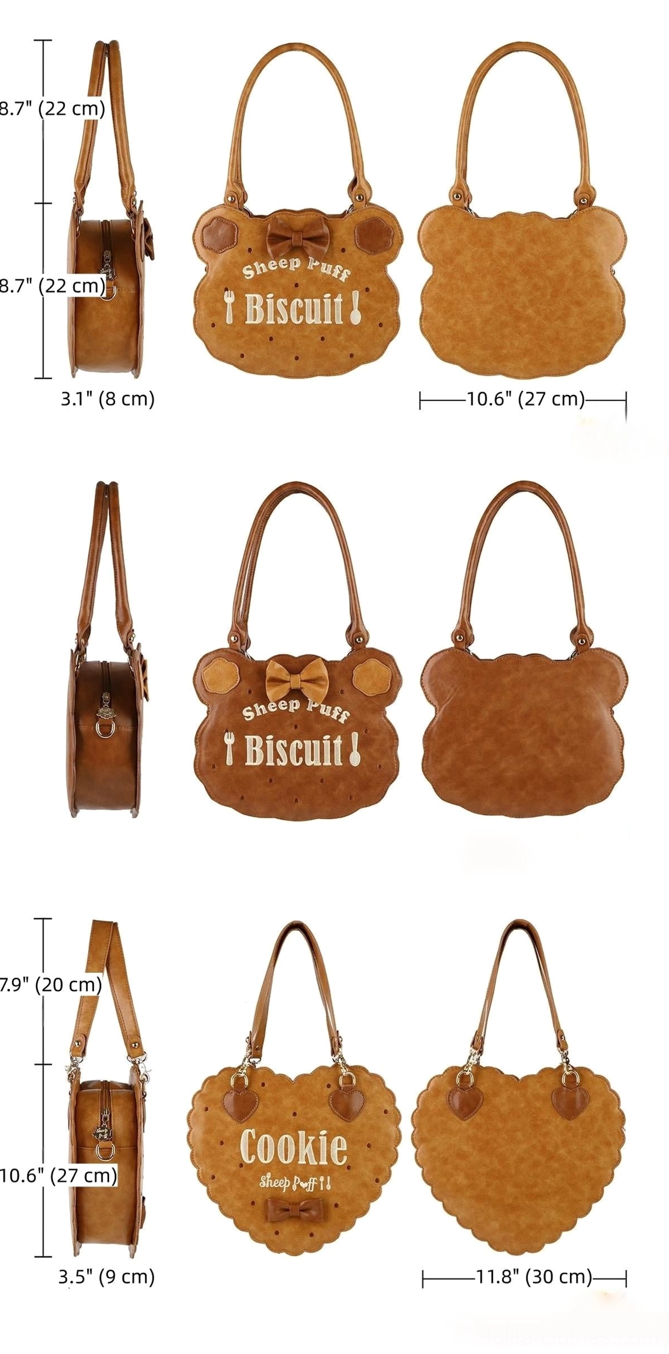Lolita handbag size reference chart with dimensions for bear-ear biscuit bag heart cookie bag and standard biscuit bag in inches and centimeters