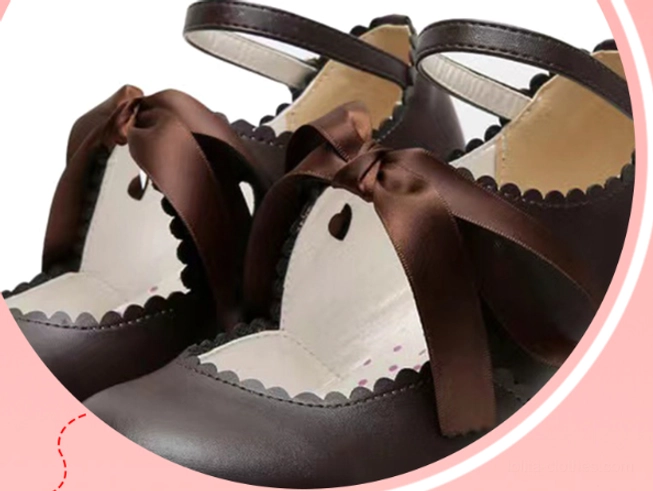 Handcrafted lolita satin Mary Jane high heel shoes with ribbon bow and scalloped collar in multiple color options displayed together