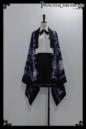 Ouji Lolita haori outerwear matching set flat display showing white shirt black bow tie and shorts on dress form with detailed print pattern showcase