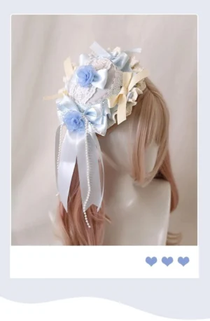 Four seasons floral lolita hat hair accessory with long satin ribbons and pearl pendants - front polaroid style frame with pink-brown gradient wig