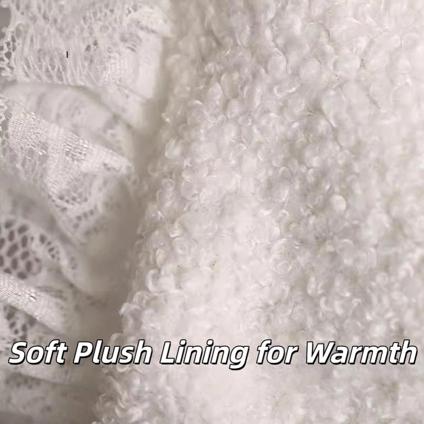 Macro close-up showing white lace trim texture and soft curly plush lining interior of kawaii winter lolita headdress for warmth and comfort