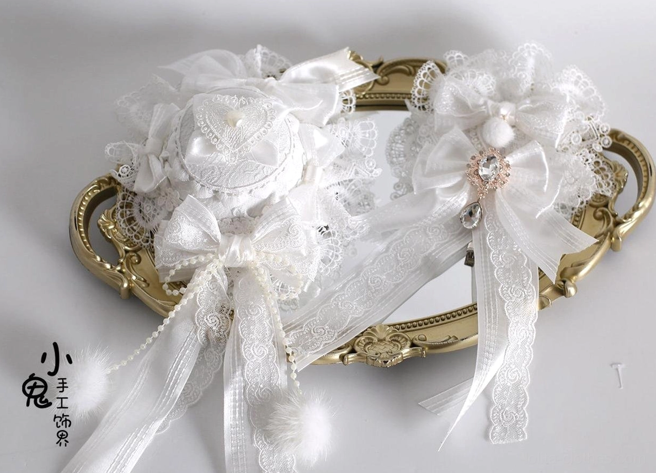 Lolita headdress and accessory collection featuring lace bows, ribbon details and romantic vintage-inspired embellishments