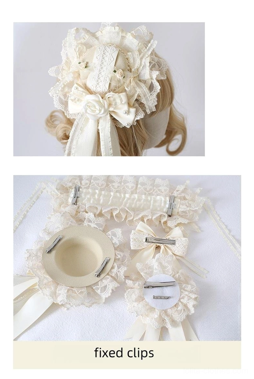 Lolita headdress back view and spring-loaded KC clip accessories with anti-slip teeth technology shown on white background