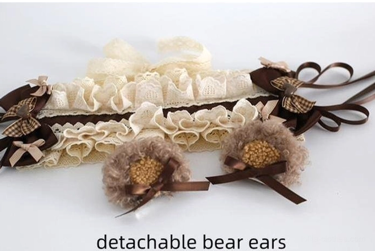 Lolita headdress detachable bear ear components and layered lace hairband close-up detail shot showing premium cotton embroidery lace construction quality craftsmanship materials