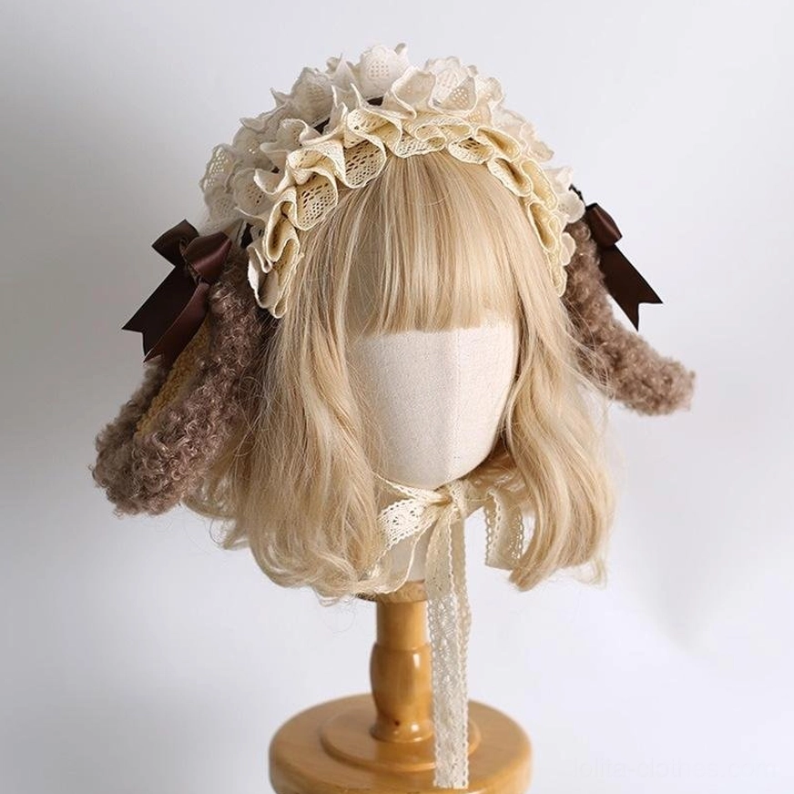 Lolita headdress with detachable bunny ears and long lace neck tie shown on mannequin wig stand featuring layered cream ruffled lace dark brown ribbon bows perfect for sweet lolita coordinates