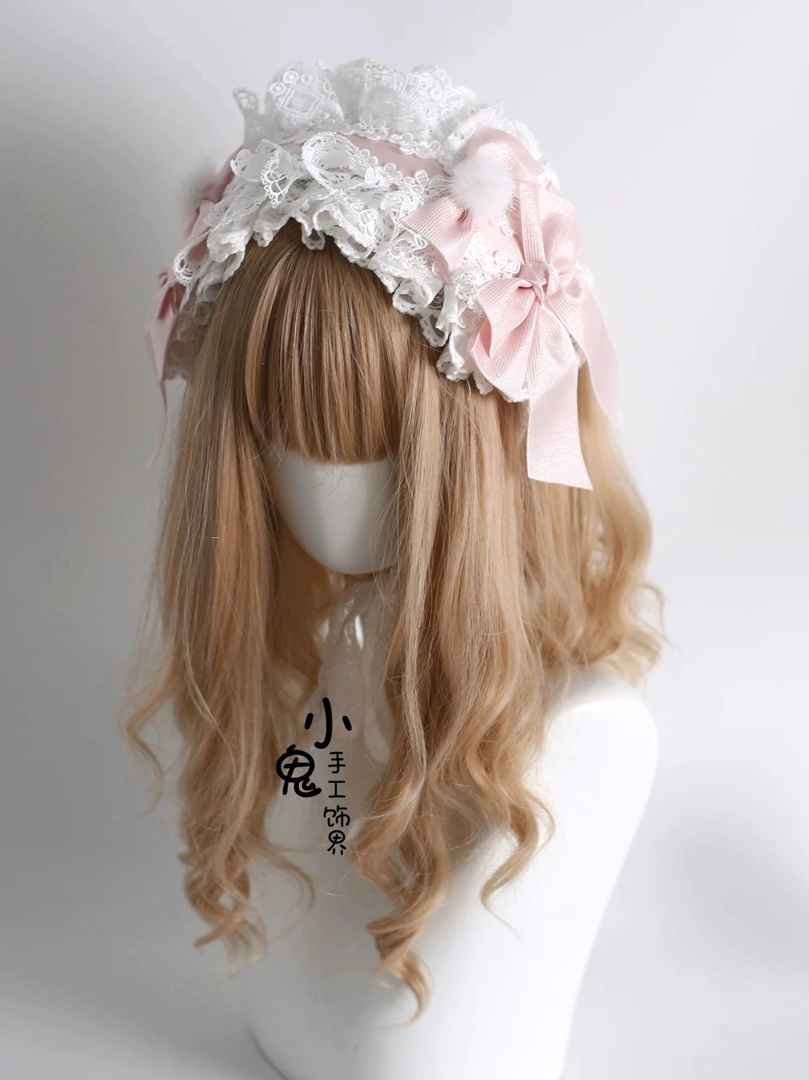 Lolita headdress collection display featuring various bonnets, hairbows, and clip accessories, showcasing complete Sweet Lolita accessory options and variety