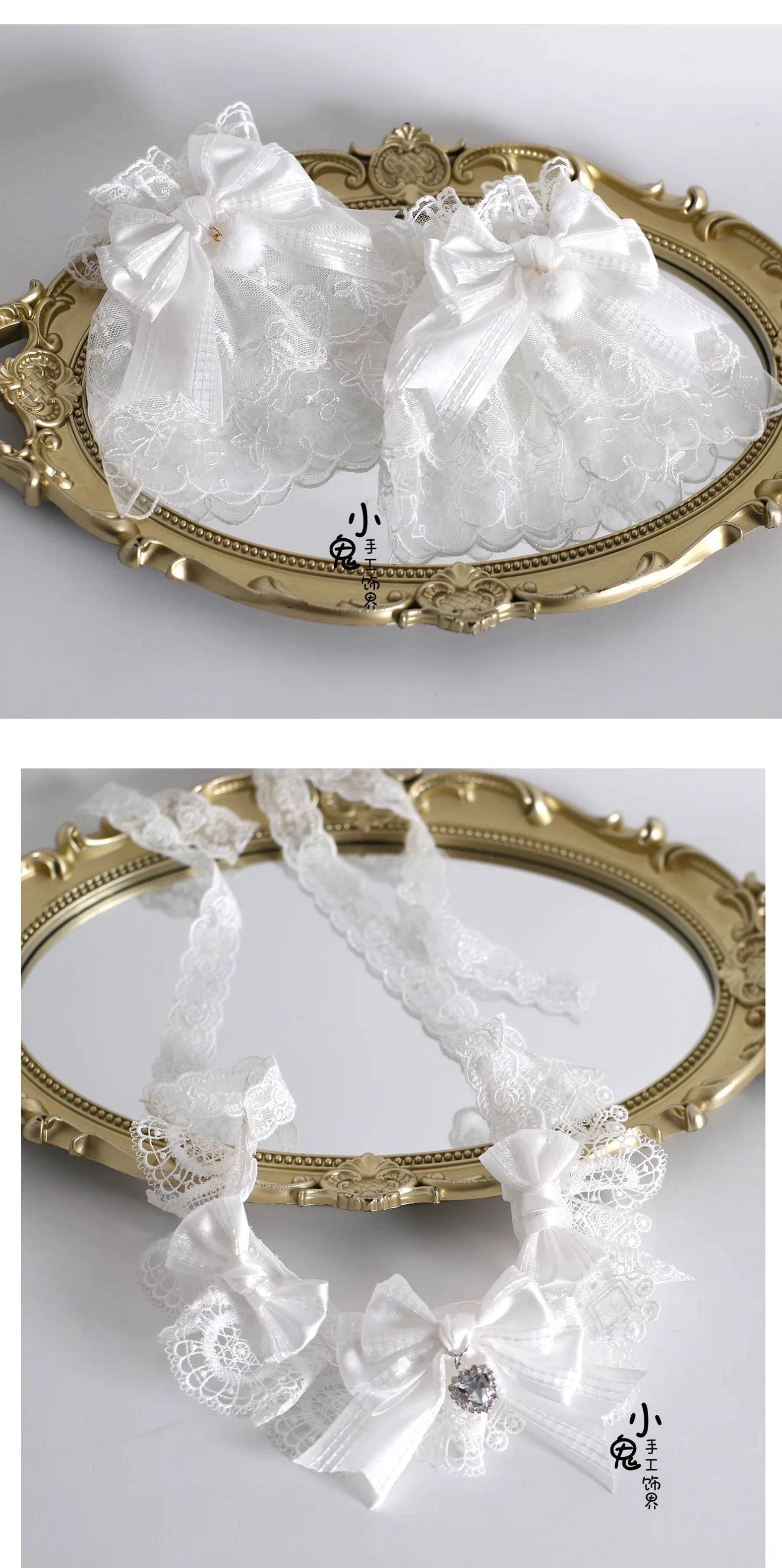 Lolita headdress complete ensemble styling guide showing how to coordinate bows, choker, cuffs and hair accessories together