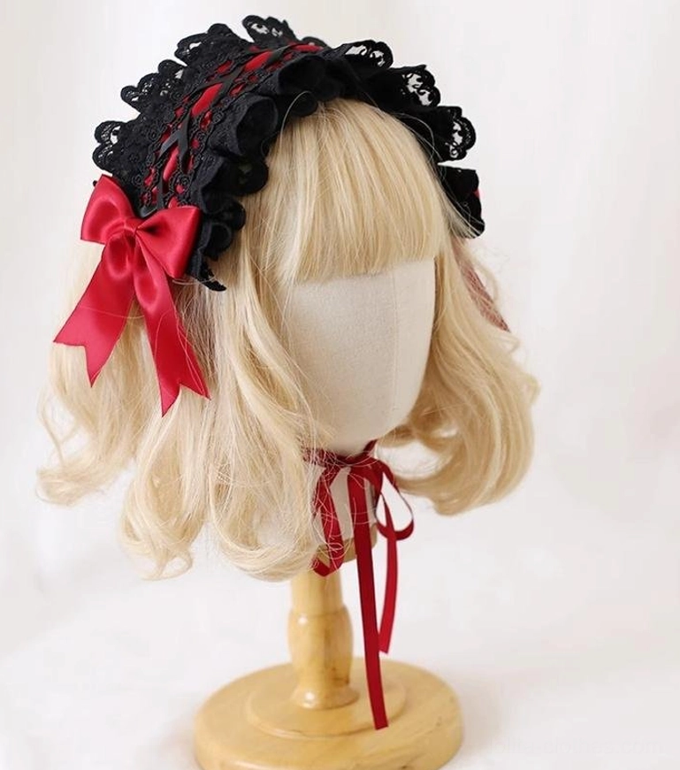 Elegant Lolita headdress with dark red wine-toned satin bows, black faux fur detachable cat ears, and delicate black lace ruffled border