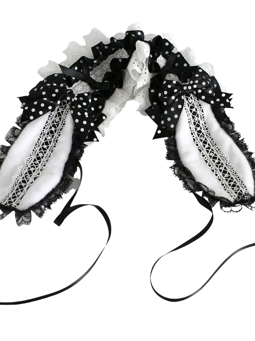 lolita headdress styling detail close-up lace embroidery pearl beads ribbon bow polka dot pattern