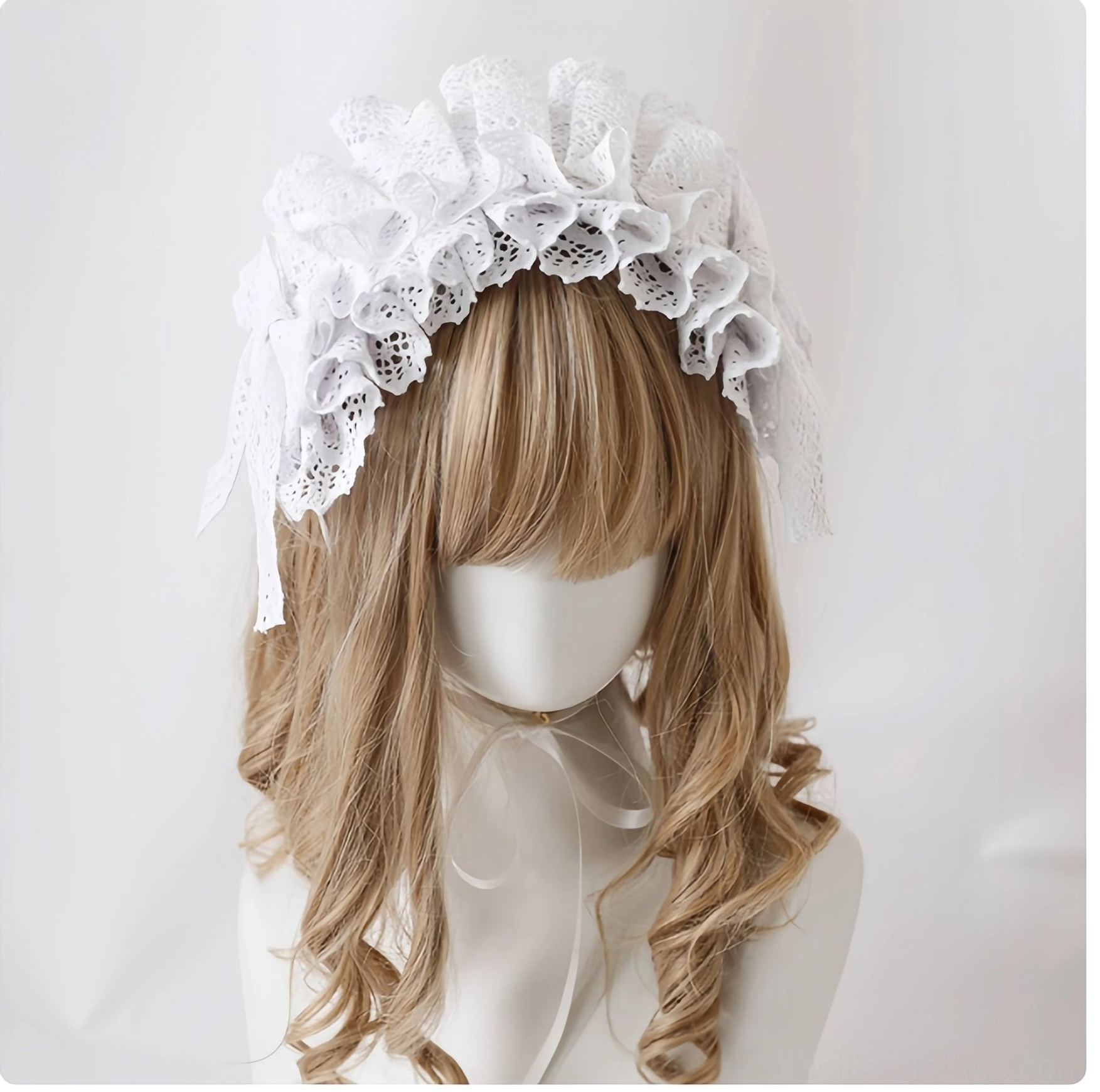 Lolita lace headdress metal clip mechanism close-up showing adjustable spring clip system for secure fit across different head sizes and comfort wear