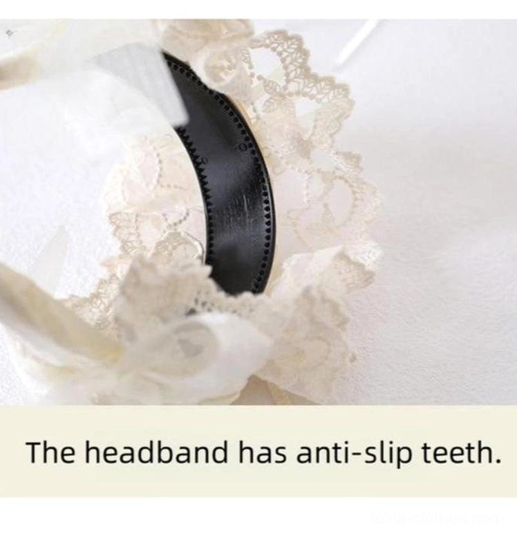 Lolita headdress accessory set details showing lace texture, satin ribbon quality and embellishment craftsmanship