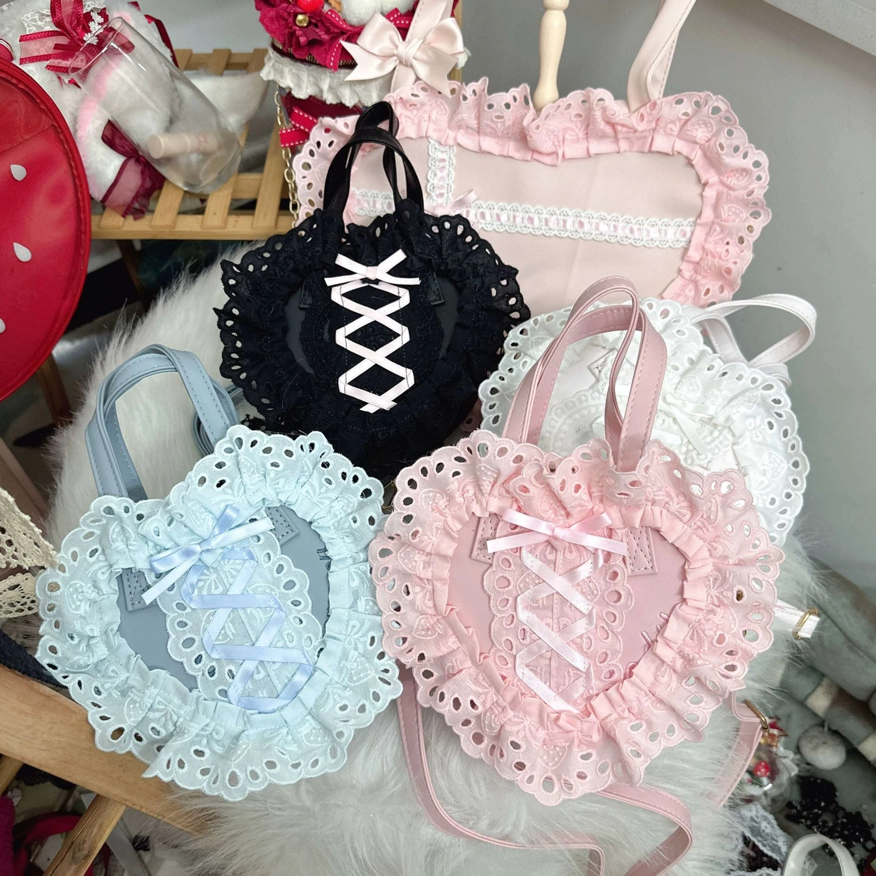 lolita heart-shaped handbag interior mesh window detail showing transparent heart panel design